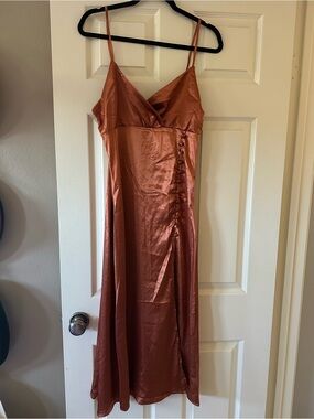 SHEIN Satin Slip Midi Dress in Rust Copper